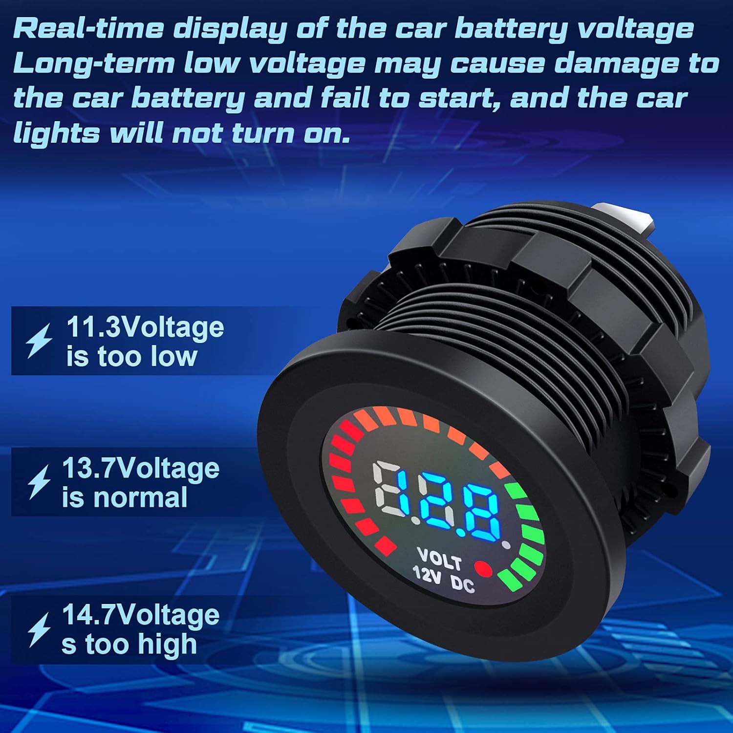 Frienda 2 Pieces DC 12 V Waterproof LED Digital Display Voltage Gauges Round Panel Car Voltmeters with Terminals Waterproof Voltmeter Battery Tester with Blue Light for Boat Marine Car Motorcycle : Automotive