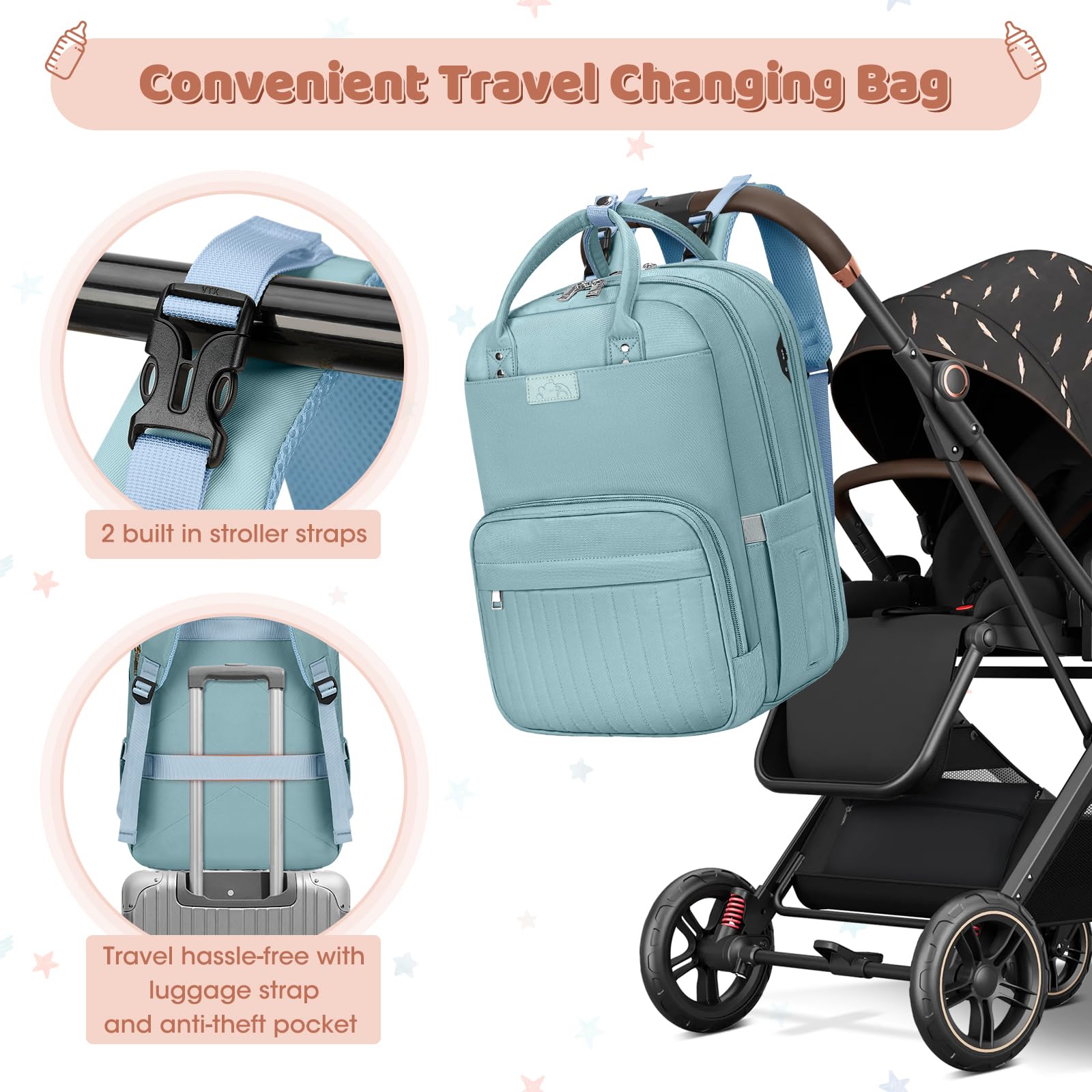 RAINSMORE Mochila Carro Bebe Pañaleras para Bebes Multifuncional Mochila Maternidad con Cambiador Bebe Plegable y Correas de Cochecito Azul