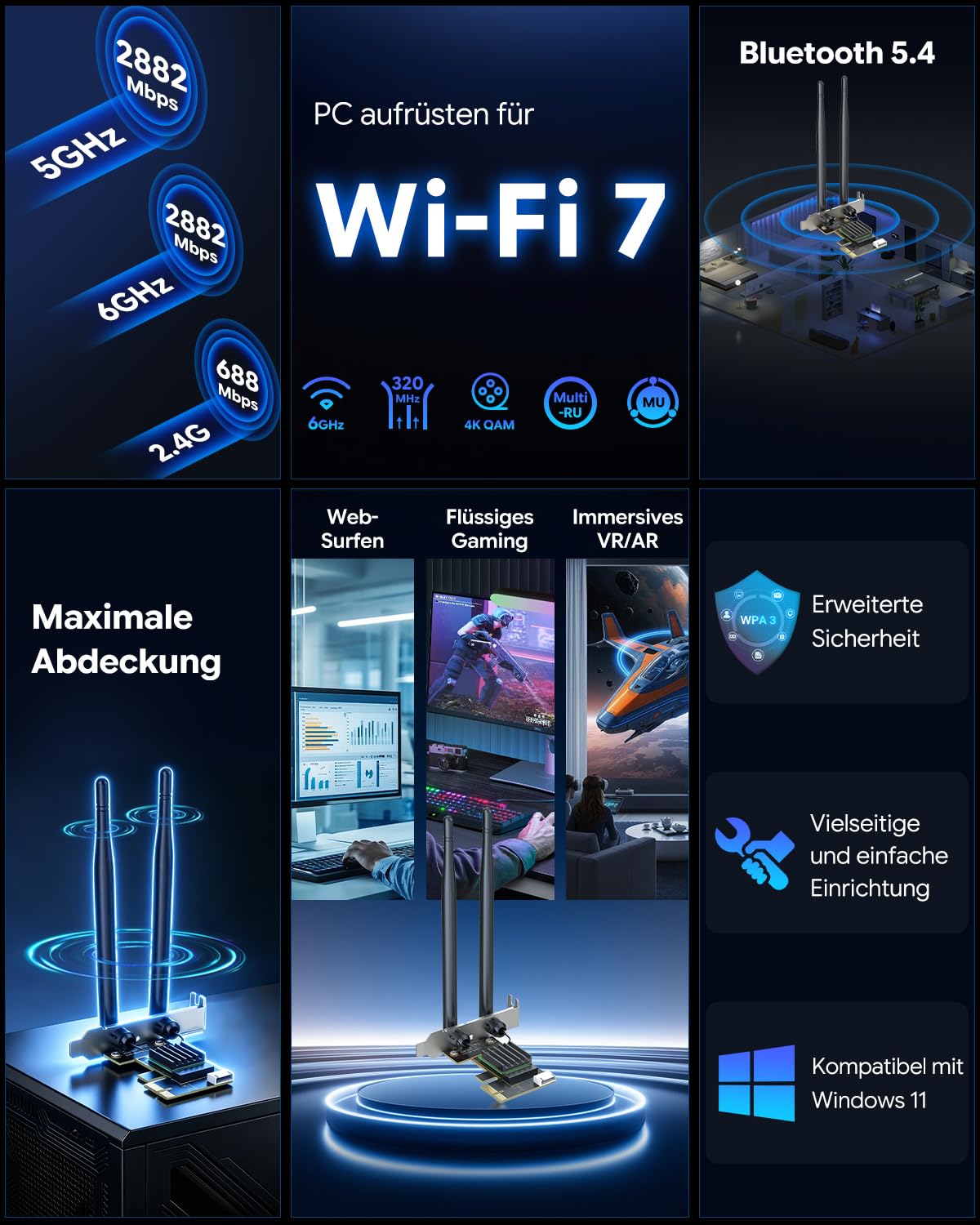 WAVLINK BE6500 Wi-Fi 7 WLAN Karte für PC,Bluetooth 5.4 PCIe-Adapter