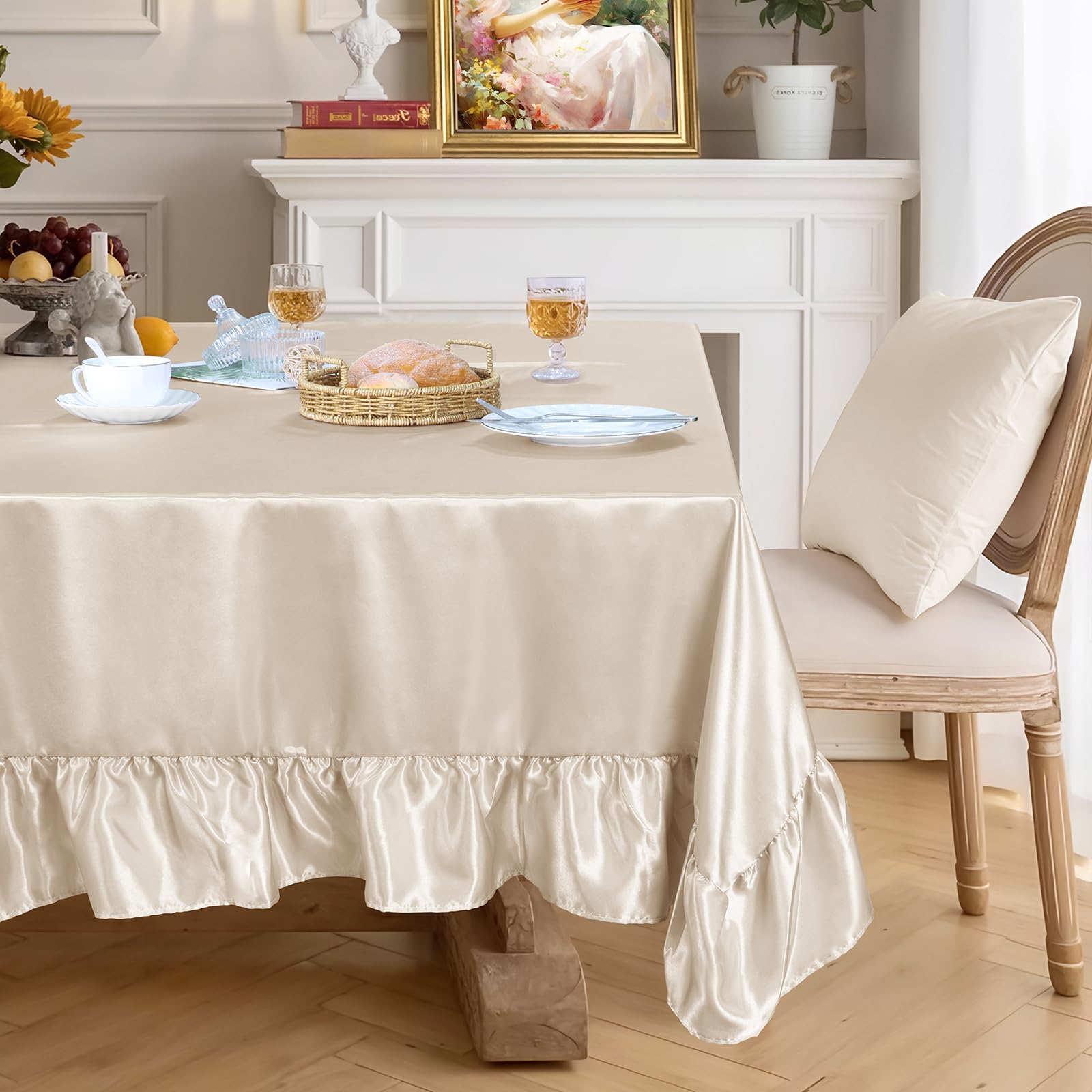 Photo 1 of ***Round*** Ersmak Satin Ruffle Edge Tablecloth - Beige Satin Table Cover 60 x 120 Inch Rectangle Bright Silk Table Cloth for Weddings, Banquets, or Home Dining ***STOCK IMAGE FOR SAMPLE***