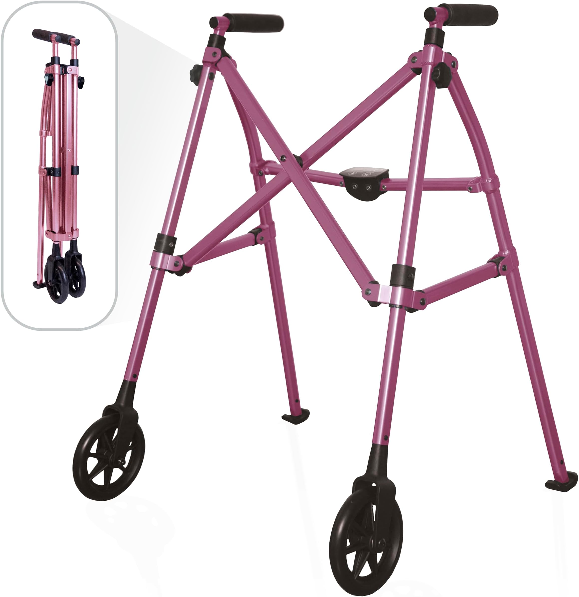 Stander Space Saver Walker, Lightweight Folding Rolling Mobility Aid for Seniors & Adults, Compact 2-Wheel Disability Device with 6-inch Wheels & Ski Glides for Walking Support, Regal Rose