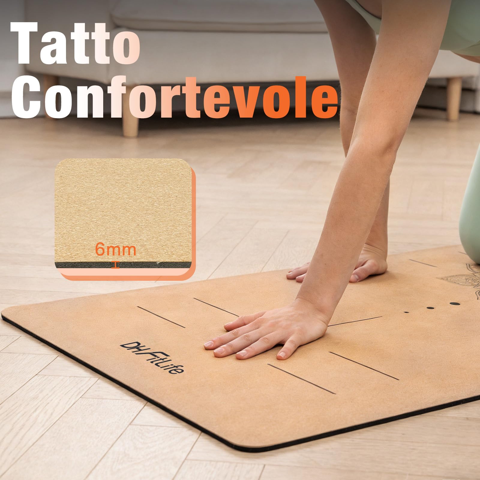 DH FitLife Tappetino Yoga in Sughero Antiscivolo | 183x61x0,6 cm | 100% Sughero & Gomma Naturale | Spessore 6mm | Superficie Morbida sulla Pelle | Facile da Pulire | Yoga, Pilates & Fitness