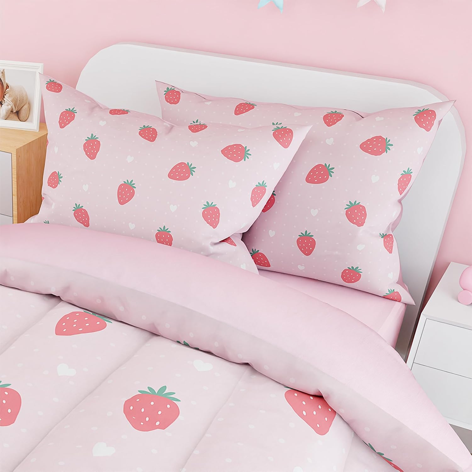 SANDJEST Strawberry Duvet Cover Sets Full Size for Kids Girls, Incude 1 Polyester Comforter Cover 80x90 Inches and 2 Pillowcases 20x26 Inches, Comforter Not Included, Gift for Christmas Birthday