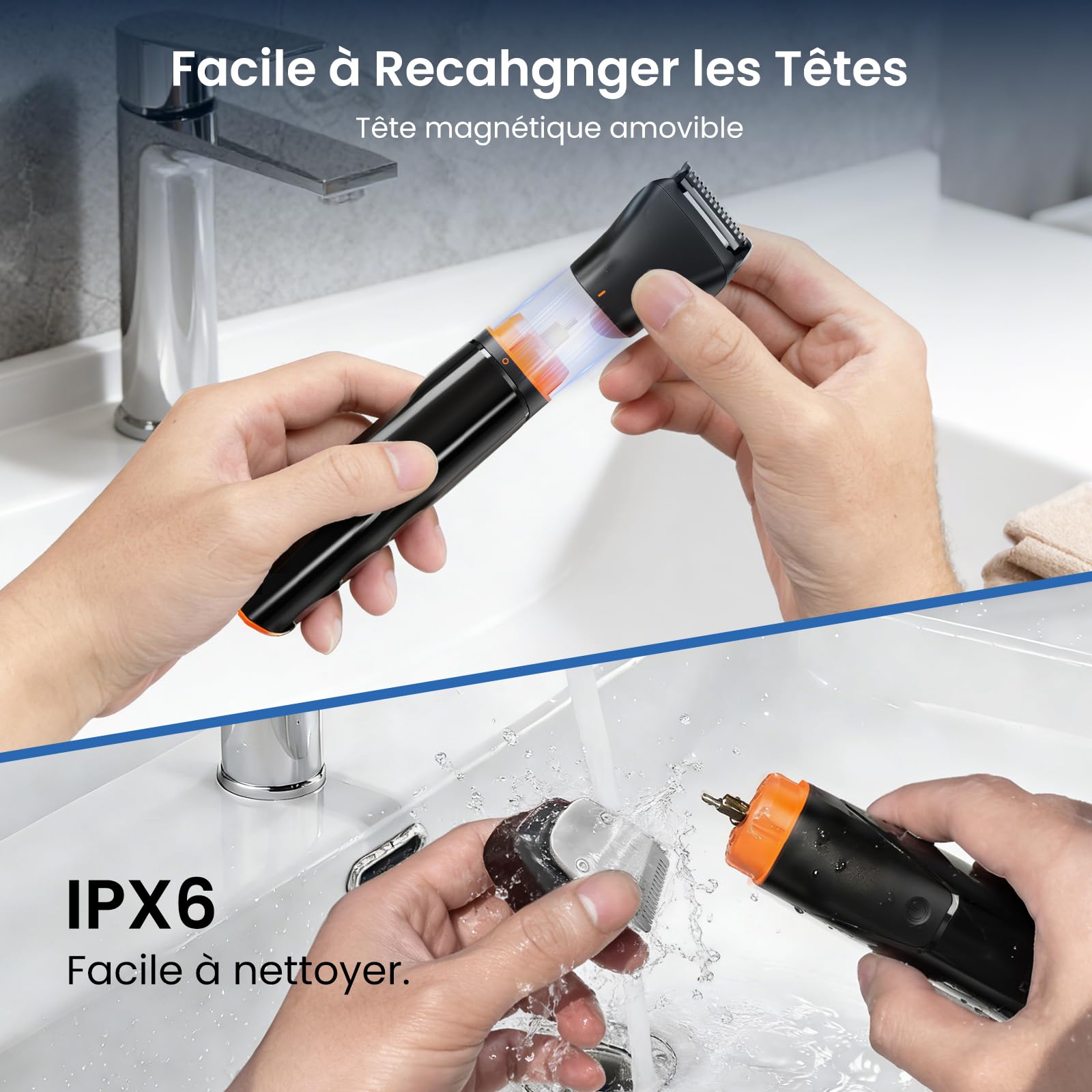 Maxgroom 6-en-1 Tondeuse Barbe Homme,Rasoir Electriques Hommes avec Base de Stockage Organisée,Double Mode de Charge(Base&USB-C),Tête Magnétique Amovible,IPX6 Sec/Mouillé, Autonomie 120 Mins (Noir)