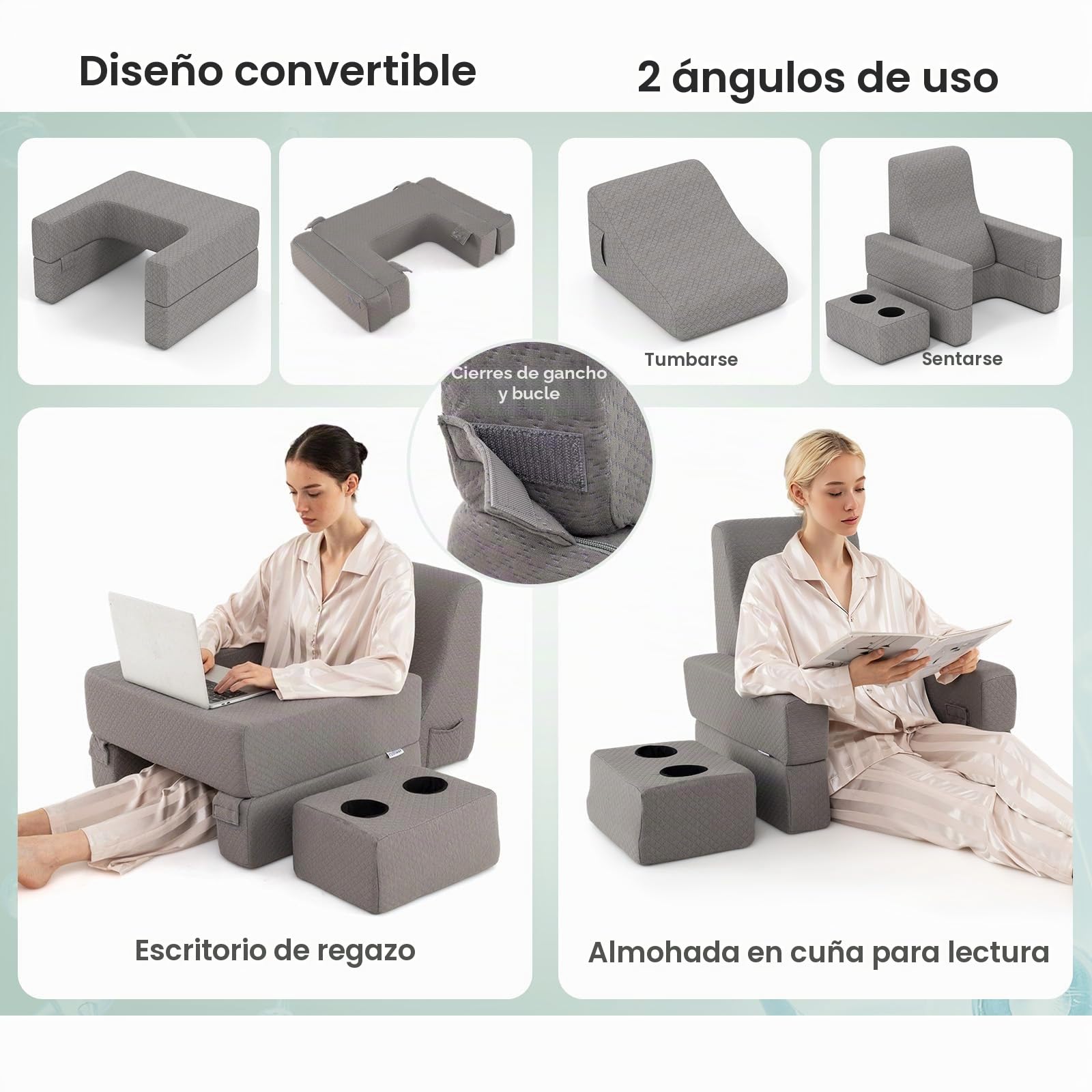 LIFEZEAL Cojin de Lectura con Posavasos Cojín de Espalda y Bolsillo de Almacenamiento, Almohadas de Lectura Escritorio Ergonómica con Reposabrazos, Respaldo Cama para Leer, Trabajar, Hacer Ganchillo