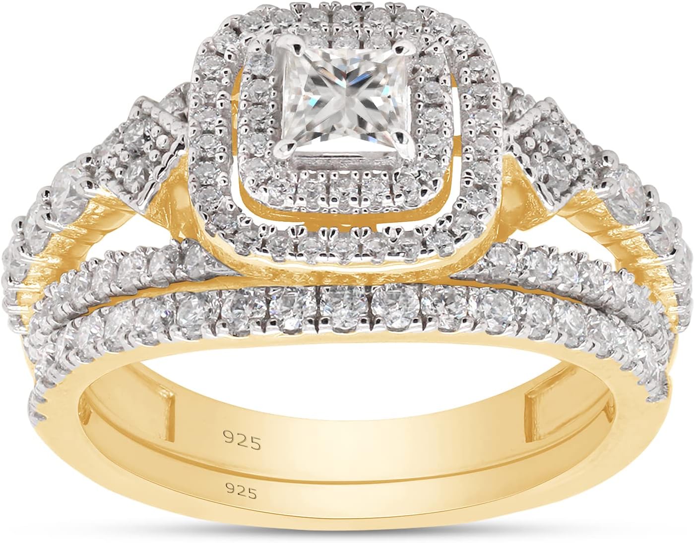 SAVEARTH DIAMONDS 1 1/10 Carat (ctw) Lab Created Moissanite & Lab Grown Diamond Halo Wedding Bridal Ring Set In 14K Gold Over 925 Sterling Silver (1.10 Ctw), Gift For Her
