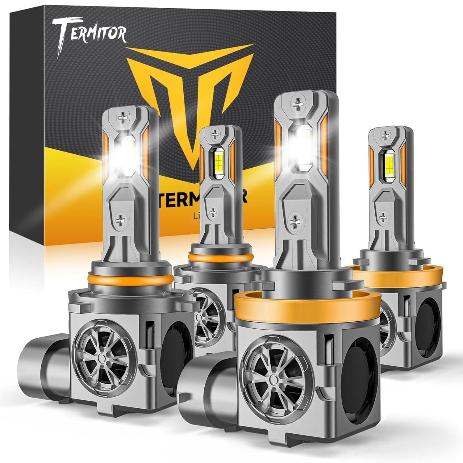 Termitor H11/H8/H9 & 9005/HB3 Light Bulbs Combo, 115,000LM 12X Ultra Brightness, Real 1:1 Mini Size, 6500K White 85000Hrs Long Life with Cooling Fan, 9005 H11 Fog Lights, Plug and Play, Pack of 4