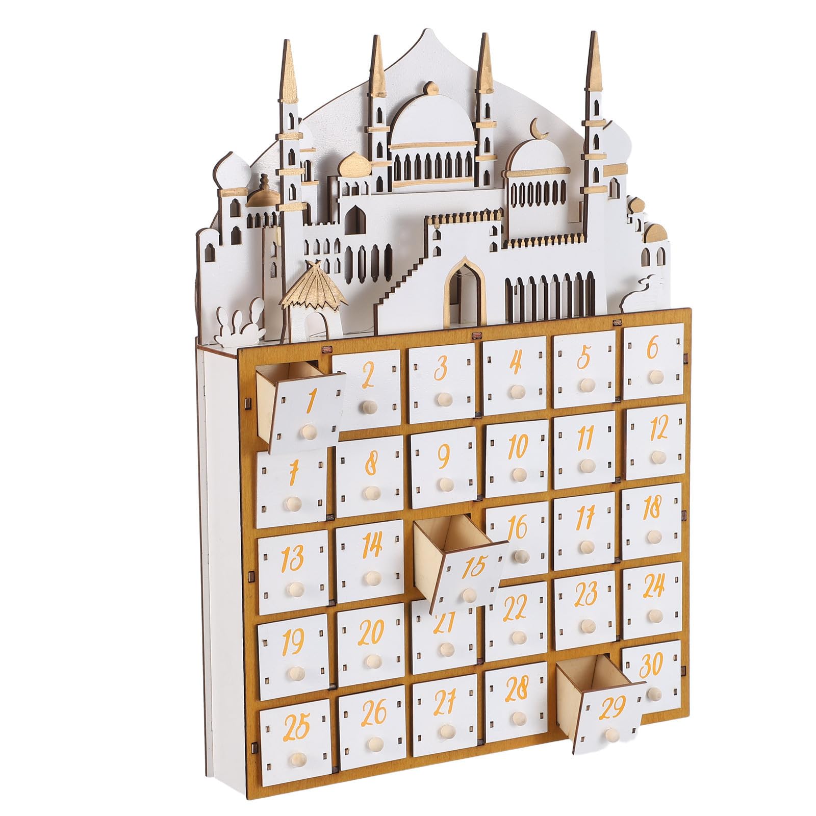 Calendario de Adviento de Ramadán para Adultos 30 Cajones de Madera, Función de Cuenta Regresiva y Luz LED para Decoración en Fiestas