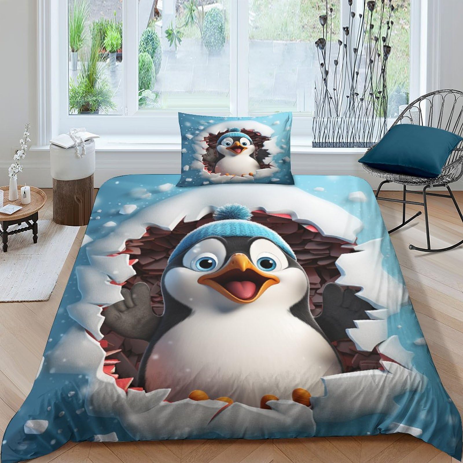 Housse de couette pingouin avec 2 taies d'oreiller lit enfant et ado