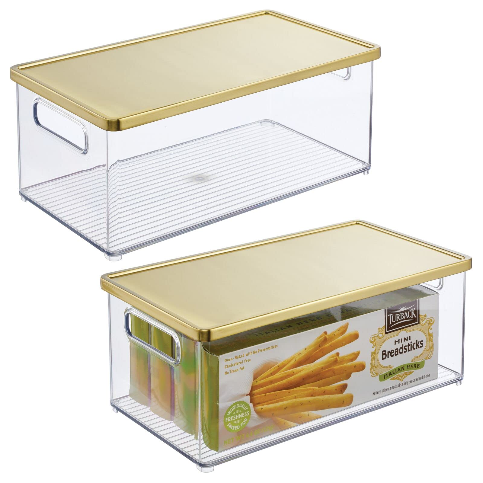 Photo 1 of *SEE NOTES mDesign Plastic Stackable Long Food Storage Bin w/Built-In Handles, Steel Lid for Kitchen, Pantry, Cabinet, Refrigerator, Freezer Organization Holds Fruit, Snacks, Pasta - 2 Pack - Clear/Soft Brass
