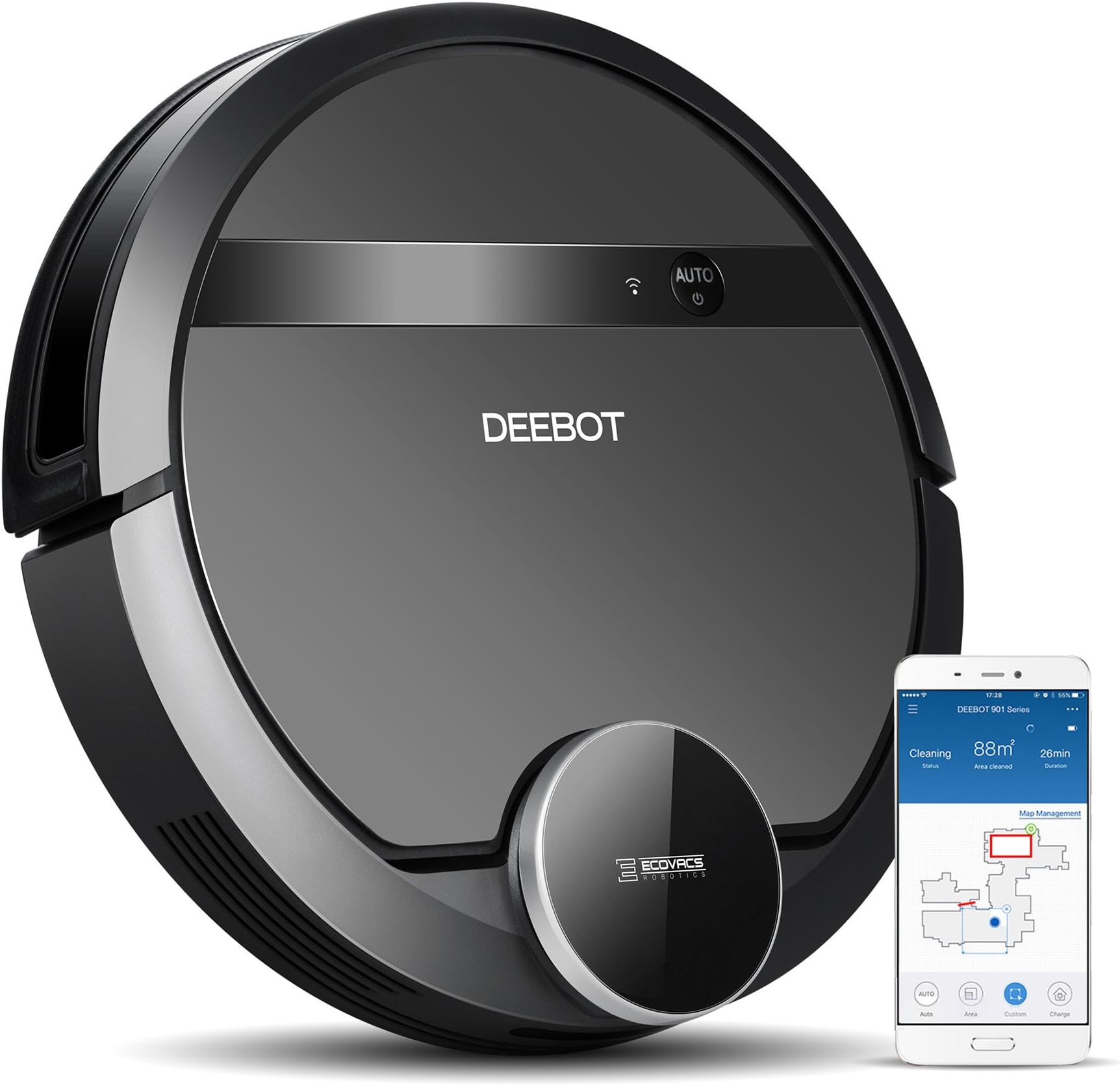 Ecovacs Deebot 901 Smart Robotic Vacuum for Carpet, Bare Floors, Pet Hair, with Mapping Technology, Higher Suction Power, WiFi Connected and Compatible with Alexa and Google Assistant