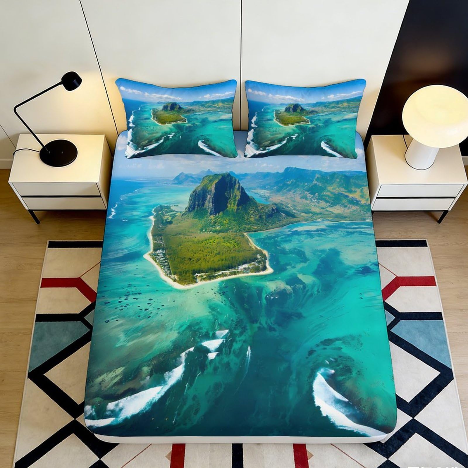 Jqzkxnhpbr Style-1 3D Printed Tropical Island Fitted Sheet Microfiber Blue Lagoon Mattress Cover For Bedroom Guest Room Protection Decor 90X200x25cm