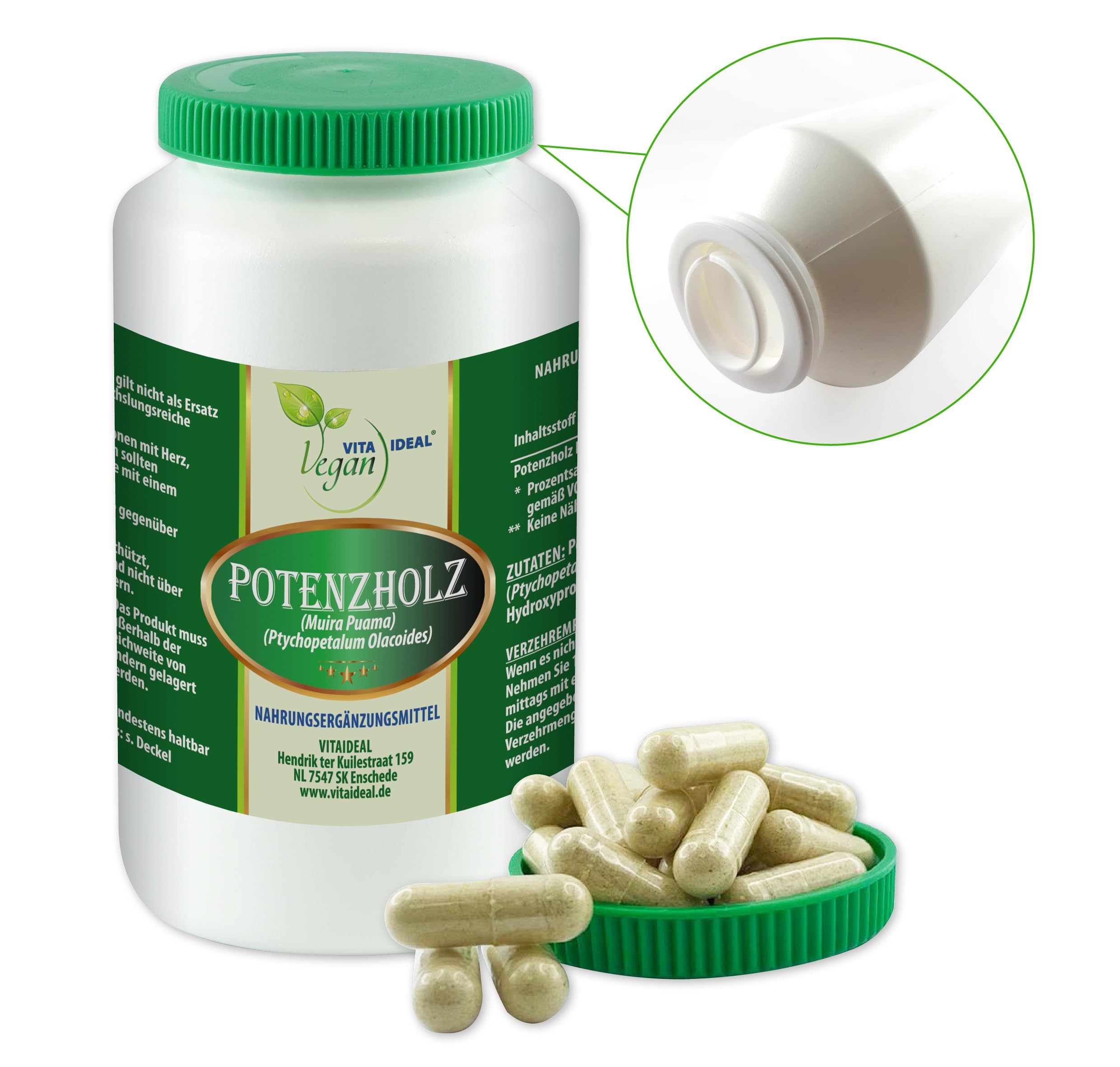 VITA IDEAL Vegan® POTENZBAUM 360 KAPSELN - Muira puama - Potenzholz - Ptychopetalum olacoides - Tagesportion 740mg - POTENZ - HOLZ reines Pulver. Pflanzlich, natürlich & ohne Zusatzstoffe.