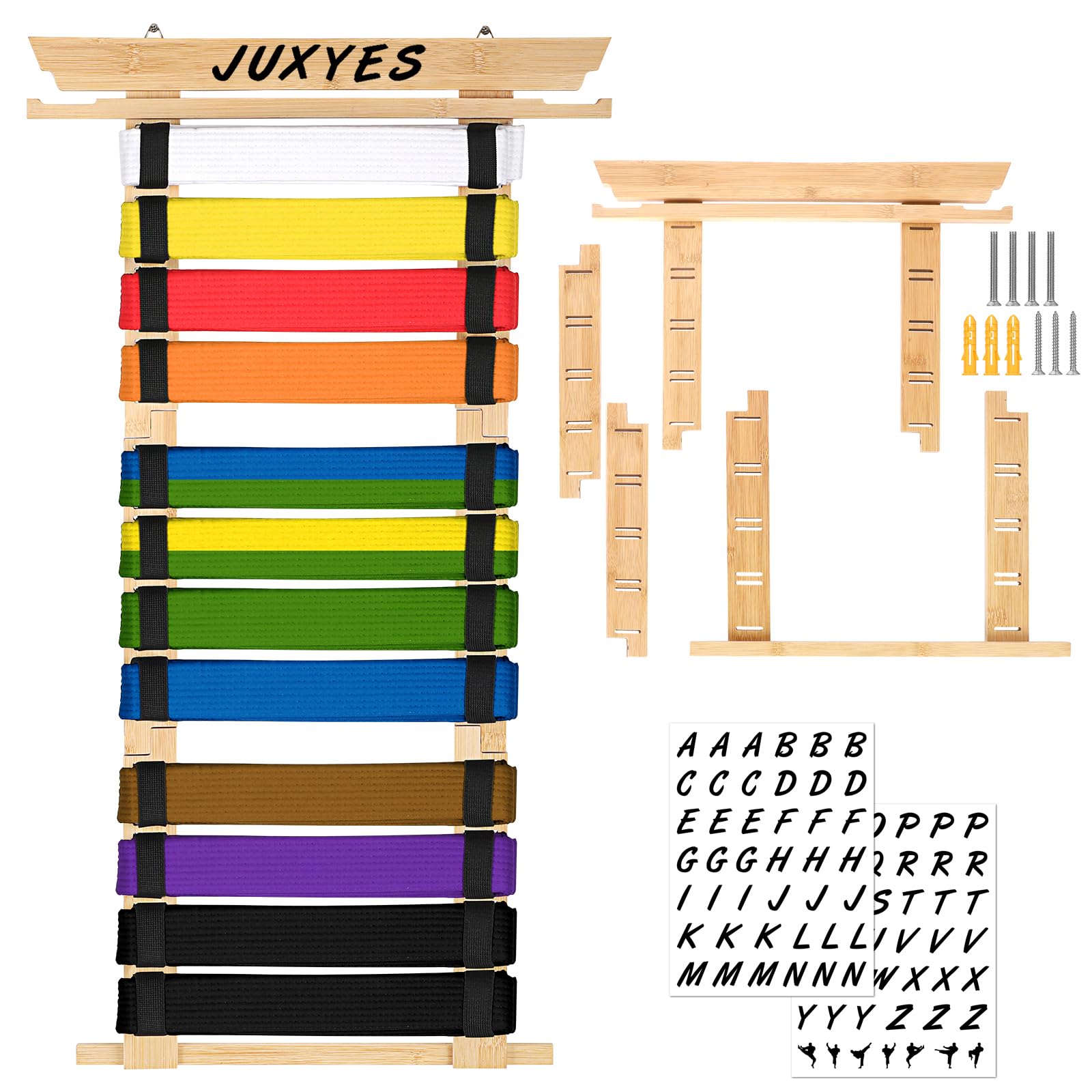 JUXYES Wall Hanging Martial Arts Belts Organizer for 8 12 Belts with Medal Hanger and Stickers, Bamboo Karate Belt Display Holder Rack, Taekwondo Belt