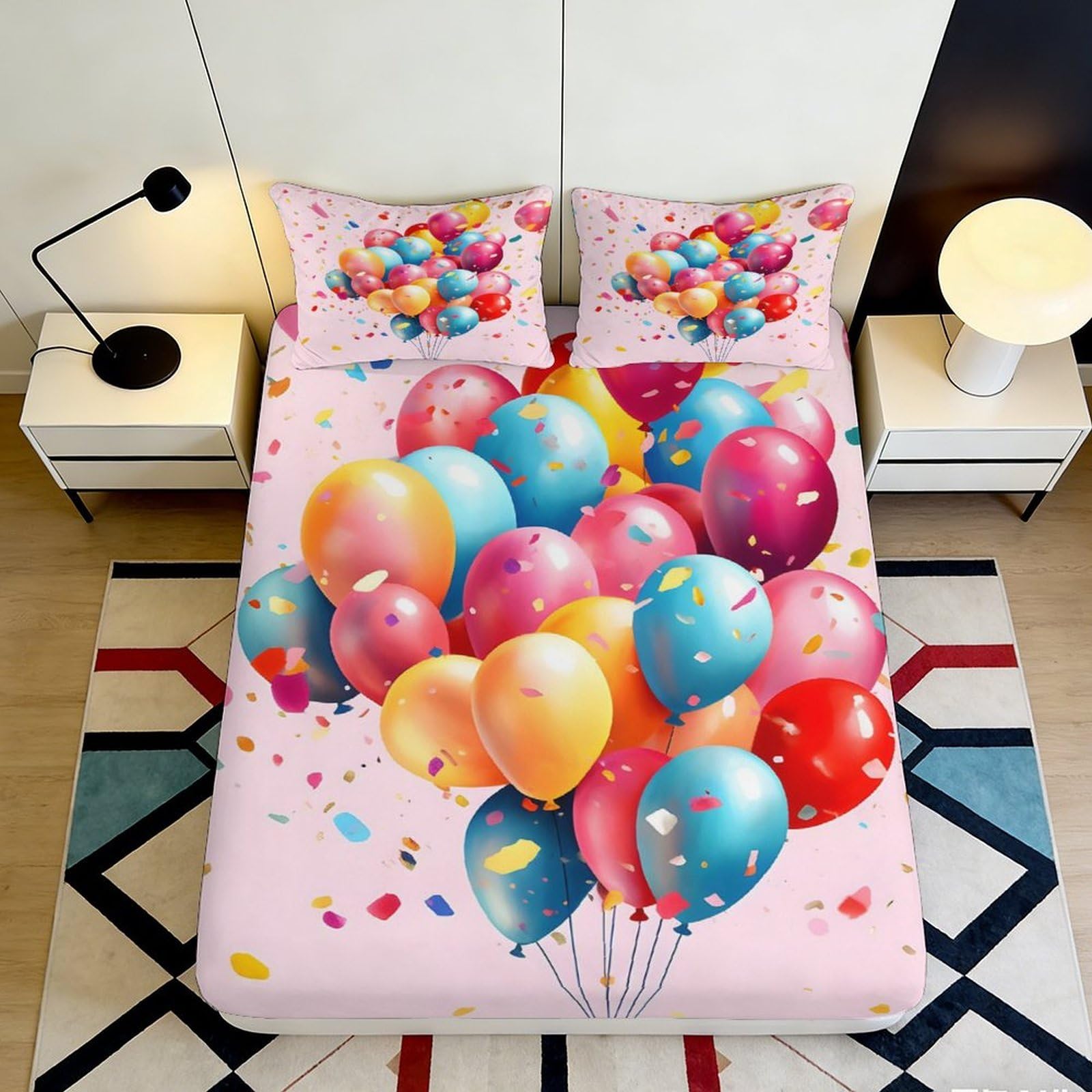 3D Printed Colorful Balloon Fitted Sheet Microfiber Soft Easy Care Confetti Bed Cover for Bedroom Guest Room Decor 90x200x25cm
