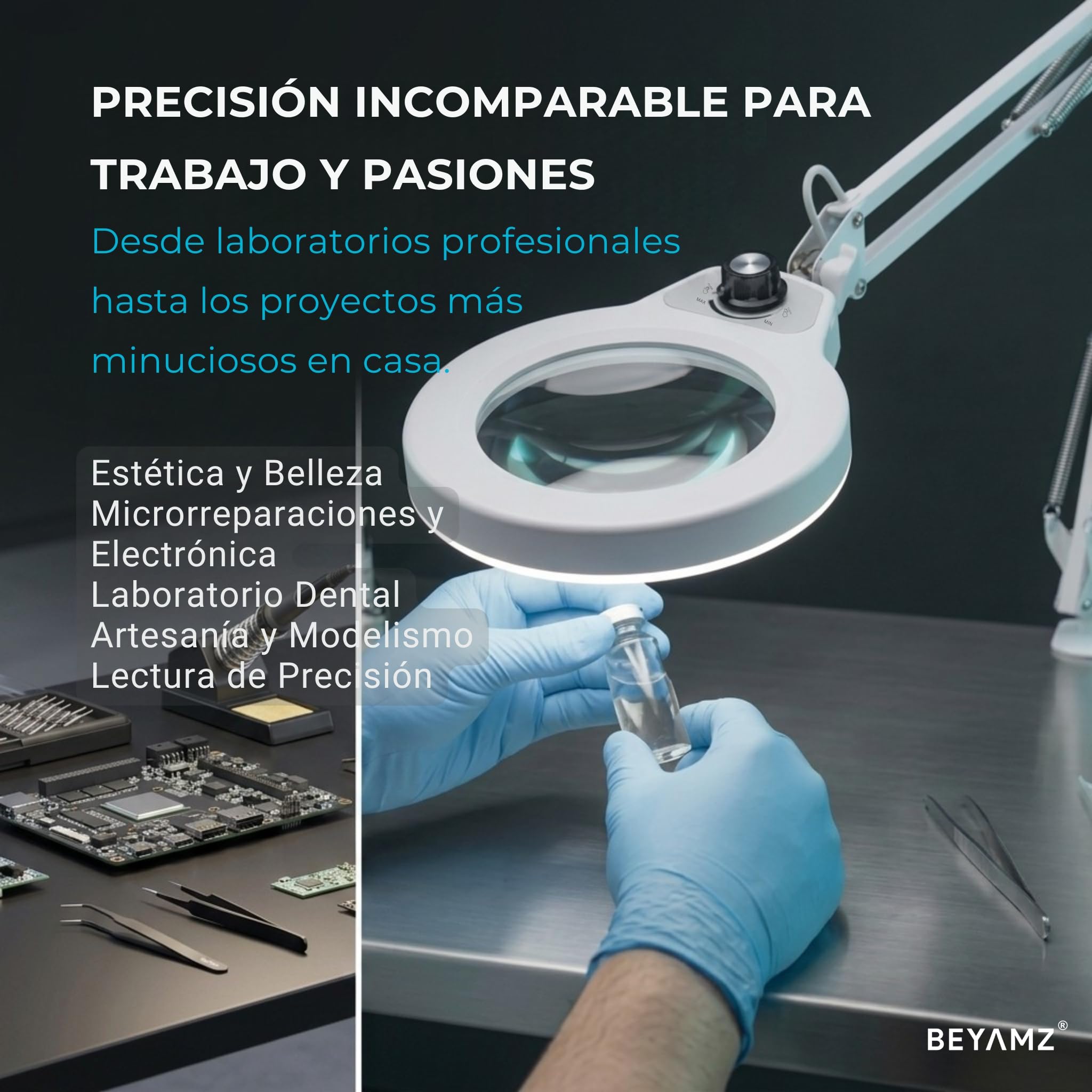Lámpara Lupa con Pinza de Sujeción, Gran Lente de Cristal 5D | Lente de 12,5 cm, 100 LED, 5 colores, brazo 1 m, fuente 12V, mordaza 6,4 cm, estética, lectura, trabajo de detalle