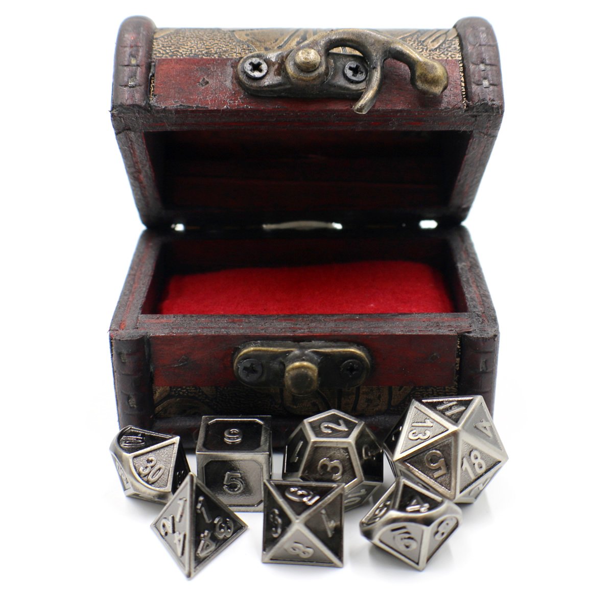 Jeu de dés en métal avec bordure argentée et coffre de rangement pour jeux de table
