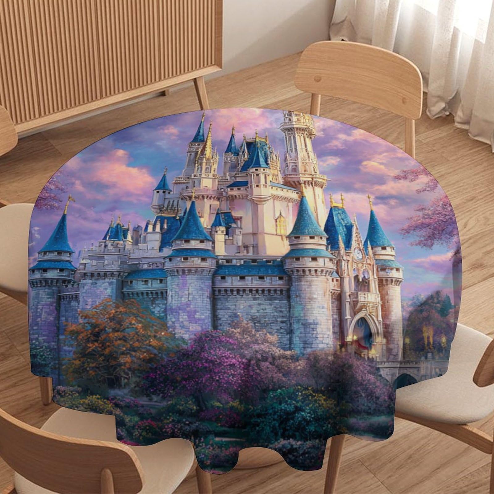 LUYYSKY Fantasy Classic Magic Castle Waterproof Round Tablecloth Modern Fairy Tale Forest Rainbow Colorful Cherry Blossoms Floral Washable Table Cover for Kitchen-127 Wx127 L cm
