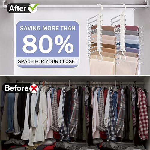 Vista 16 de Perchas para pantalones de 9 capas que ahorran espacio, paquete de 2 estantes multifuncionales de acero inoxidable organizador de armario