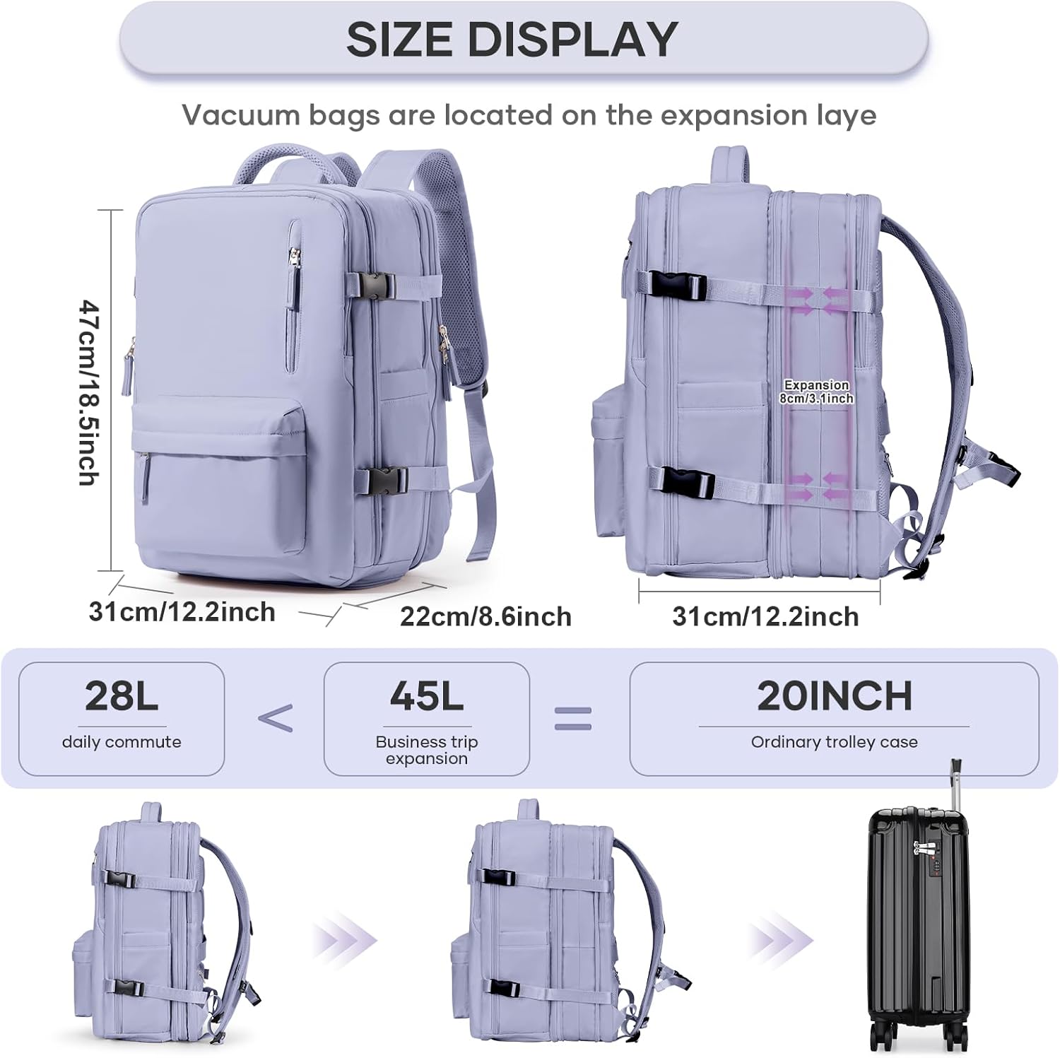 Vacuum Backpack Travel with Pump, 45L Expandable Travel Backpack for Women, Large Storage Vacuum Compression Bags with Shoe Compartment/17inch Laptop Compartment/USB Port, Purple - Image 4