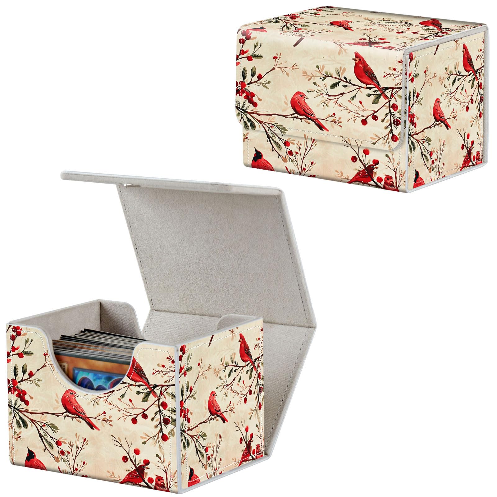 Qindaiwen Card Deck Box for MTG, Fits 100+ Single Sleeved Cards, PU Leather Trading Card Storage Box for TCG, CCG, MTG Cards, Strong Magnet Magic Gathering Deck Box, Fabric with Birds