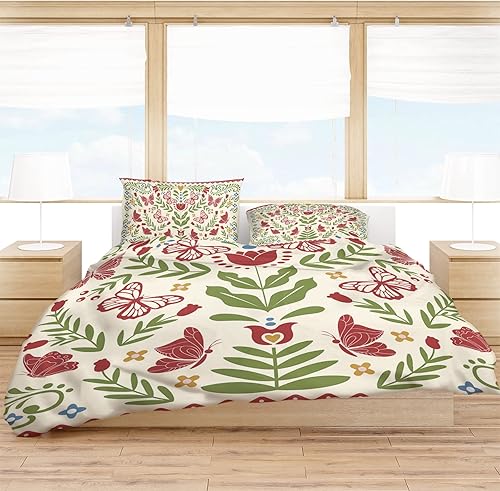 Miniatura 3 de Funda de edredón floral de vid de hojas verdes, tamaño Queen, funda de edredón de encaje de mariposa roja azul amarillo con cierre de cremallera,