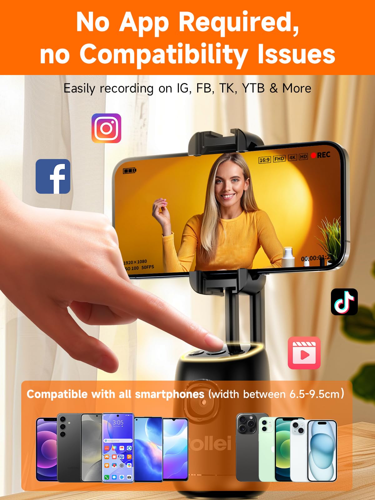 Rollei Easy Creator Desktop z AI Tracking, automatyczne śledzenie twarzy, statyw 360, stabilizator wideo z wbudowaną baterią do Tiktok Live Streaming, statyw do telefonu komórkowego, trójnóg