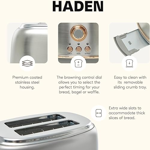 Miniatura 3 de Haden Heritage - Tostadora de acero inoxidable de 2 rebanadas de ranura ancha con control de tostado ajustable y pies antideslizantes, acero y cobre
