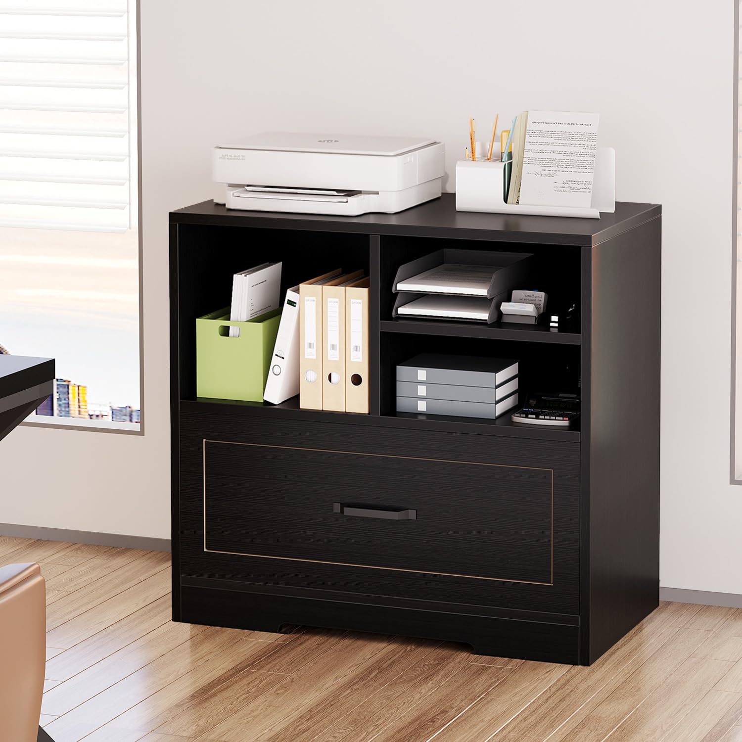 LVB Cassettiera in legno nero, 83 cm, con ripiano per stampante, per studio | Robusto telaio in legno con ripiano per stampante, molto spazio per lettere e documenti in formato A4