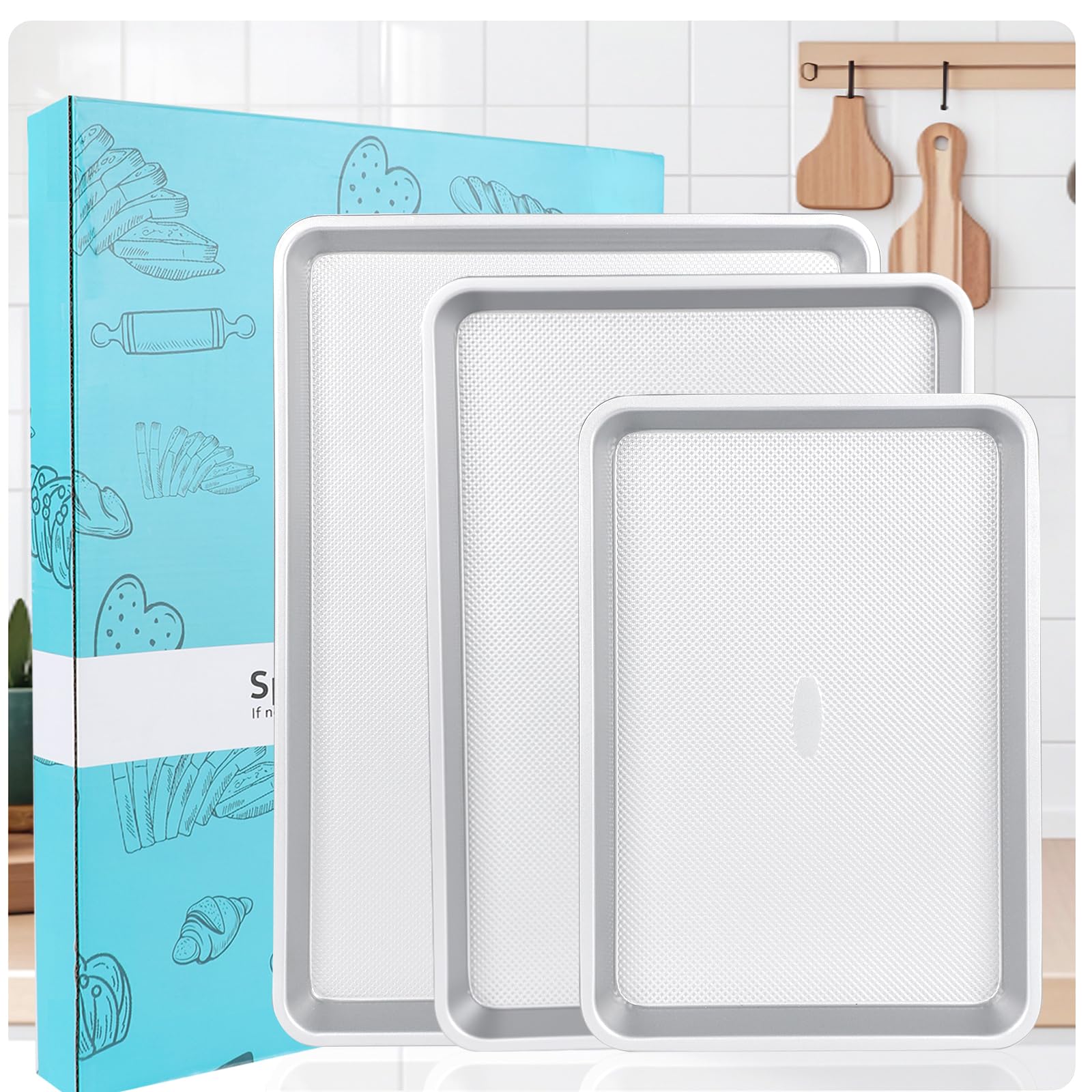 Spmarkt 3-Piece Non-Stick Baking Sheet Set | PFOA/PFOS/PTFE-Free, 0.8mm Heavy-Duty Steel with Diamond Texture Surface | Stackable Design for Roasting,