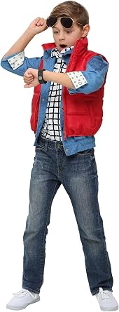 Kids Back to the Future Marty McFly Halloween Costume | Red Puffer Vest, Shirt, and Denim Jacket Set | Officially Licensed