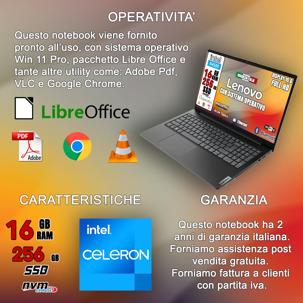 Lenovo Notebook nuovo • Ram 16gb • cpu Intel N4500 • Monitor 15.6" Full HD • ssd 256 • Ingresso lan, hdmi, USB • Sistema operativo win 11 PRO e Libre Office • LETTORE DVD-RW ESTERNO