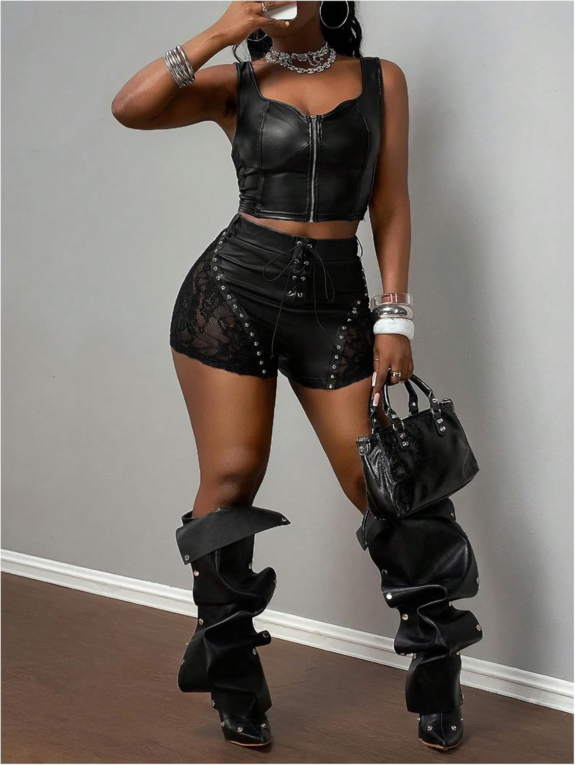 Verdusa Women's Punk Lace Rivet PU Leather Shorts Rave Club Lace Up Micro Shorts - Image 5