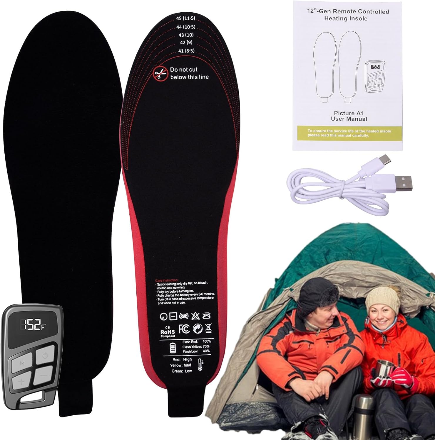 温熱インソール 3500mAh - 足温め用インソール | バイク フィッシング アウトドア スキー キャンプ トラベル用