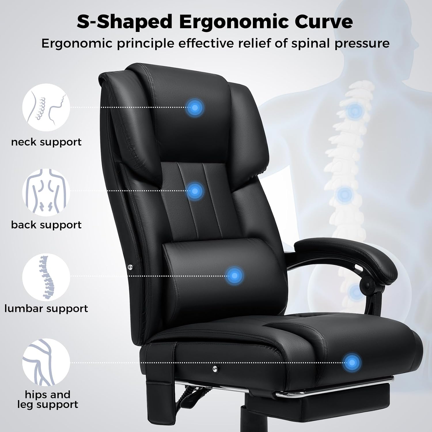 HOFFREE Reclining Office Chair with Massage and Heat Big and Tall Executive Office Chair with Foot Rest High Back PU Leather Computer Chair with Lumbar Support Black