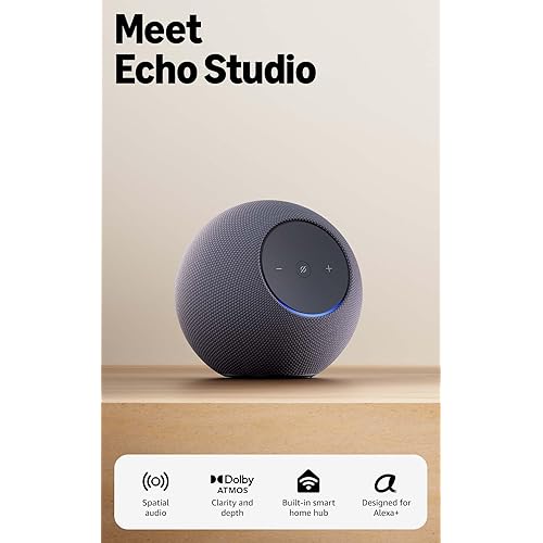 Amazon Echo Studio (newest model), compact design, immersive spatial audio and Dolby Atmos, Designed for Alexa+, Graphite