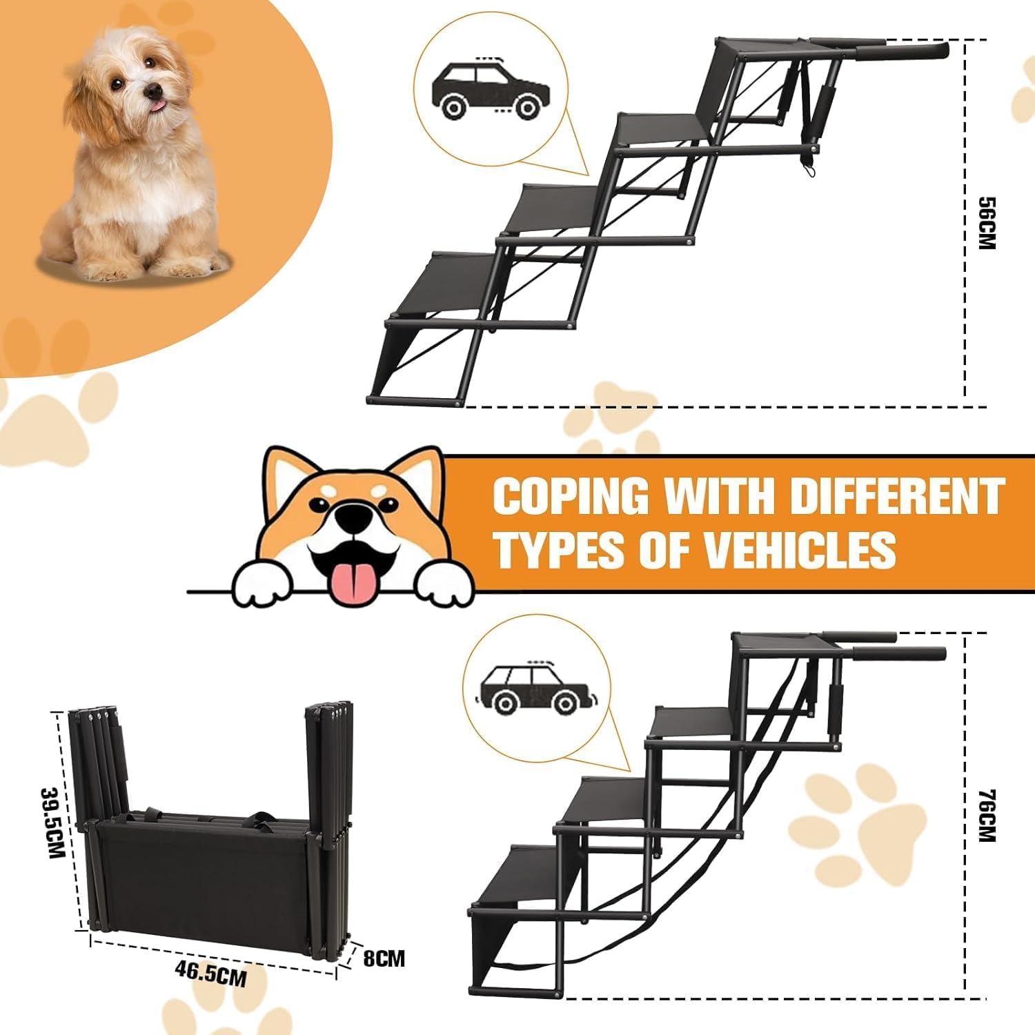 Rampa per Cani Pieghevole,Scaletta per Cani 4 Gradini,Rampa per Cani Auto,Fino a 80kg,Scala per Cani di Taglia Grande con Superficie Antiscivolo,per Tutti i Veicoli,per Grandi e Piccoli Cani (nero, L)
