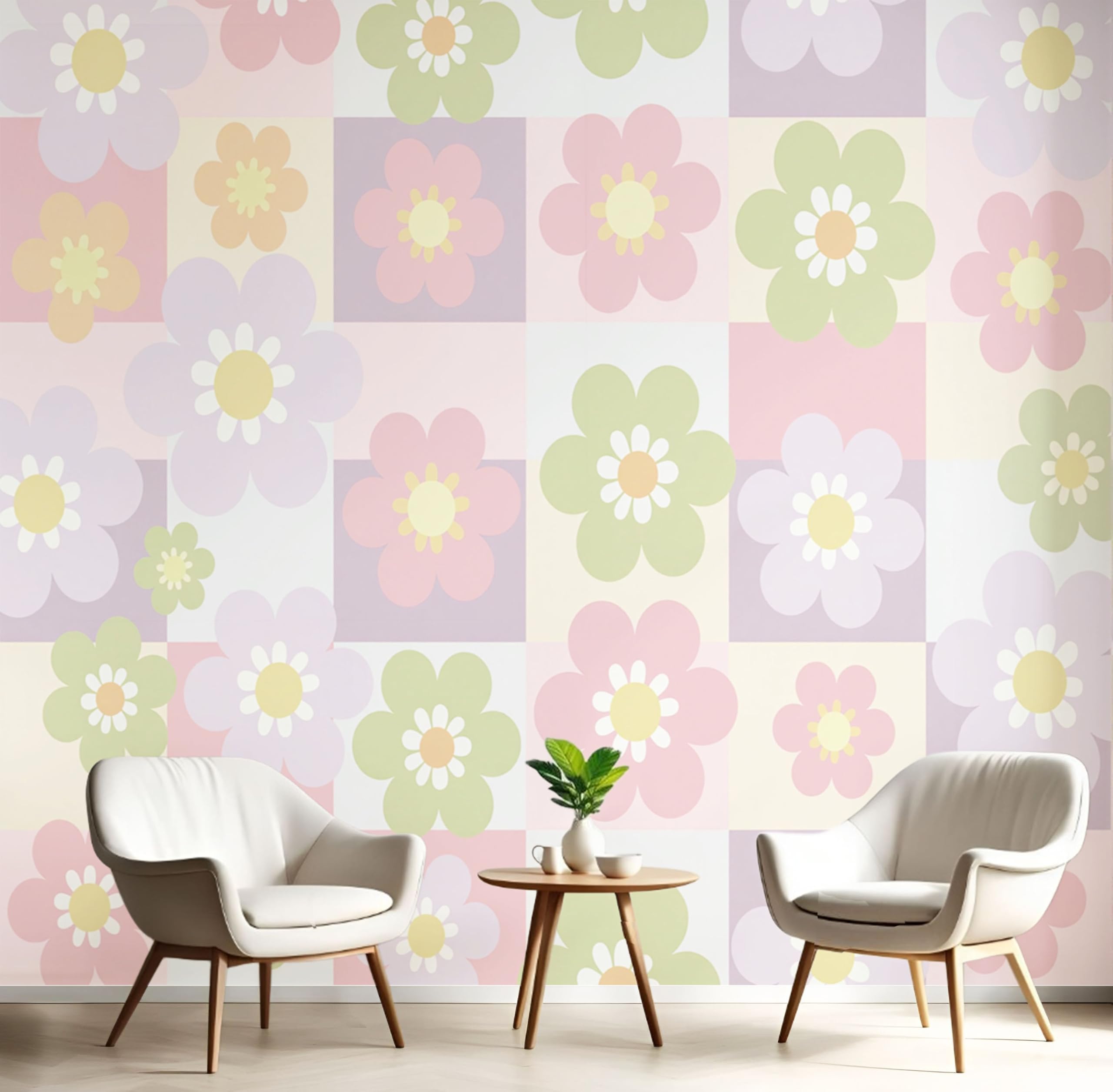 Papier peint panoramique plantes de dessin animé pastel 250 x 175 cm pour fond TV