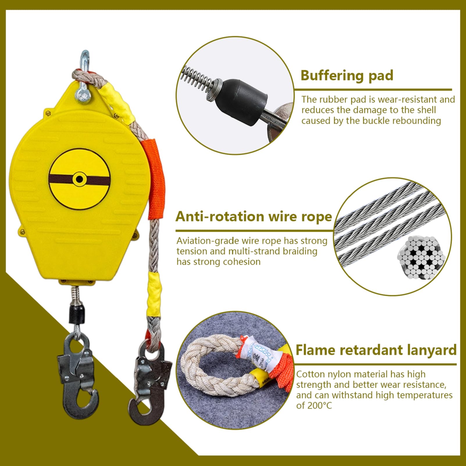 Dispositivo Anticaduta Retrattile Certificato 3-20 mt, Imbracatura di Sicurezza Anticaduta Tetto 150 kg, Verde/Giallo Kit Imbracatura Anticaduta Tetto/Lavoro Aereo (Giallo,10 metri)