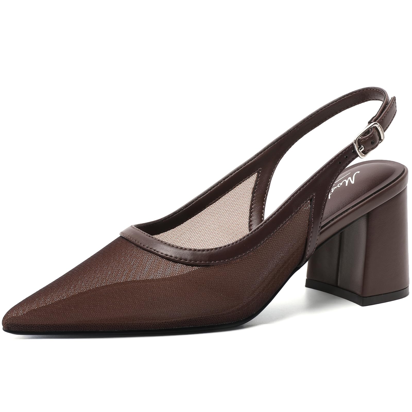 Mostrin Block Slingback Heels for Women Pointed Closed Toe Chunky Heels Office Work Shoes Women's Pumps for Business Casual 8 Dark Brown Mesh