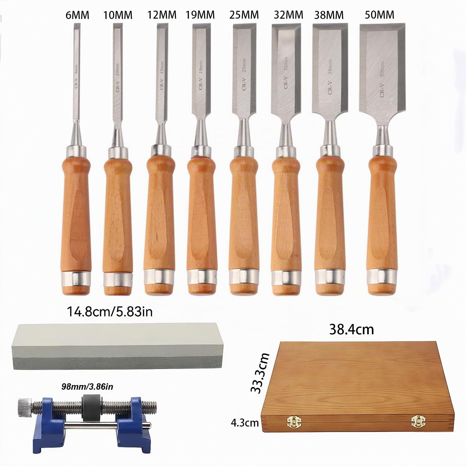 Scalpelli Per Legno,Set Di 8 Scalpelli Da Falegname Da 1/4 Pollice a 2 Pollici, Con Mola e Guida Di Smerigliatura Per Intaglio Del Legno, Carpenteria e Rifilatura Dei Bordi