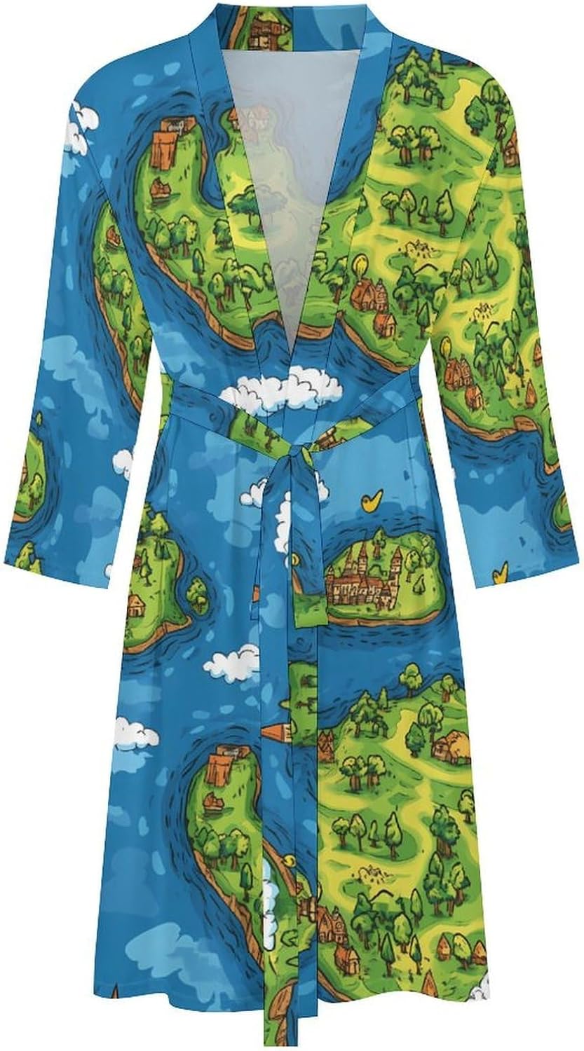Green Map Men's Robe Soft Bathrobe V Neck Loungewear Sleepwear Nightgown Dressing Gown