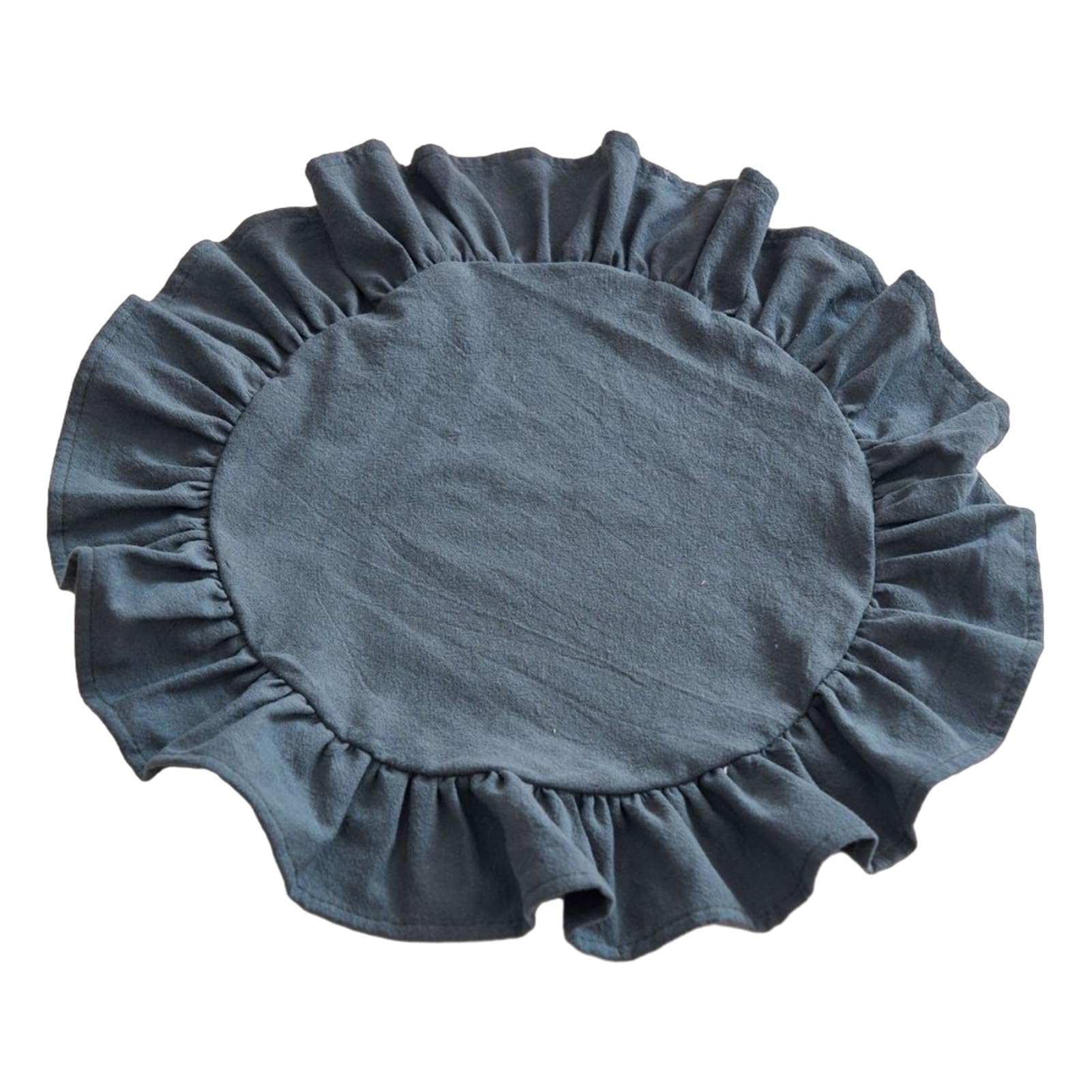 Rustic Farmhouse Round Ruffle Place Mat, Washable Scalloped Edge Table Mats for Kitchen Dining Party Table Decor Grey Blue Round