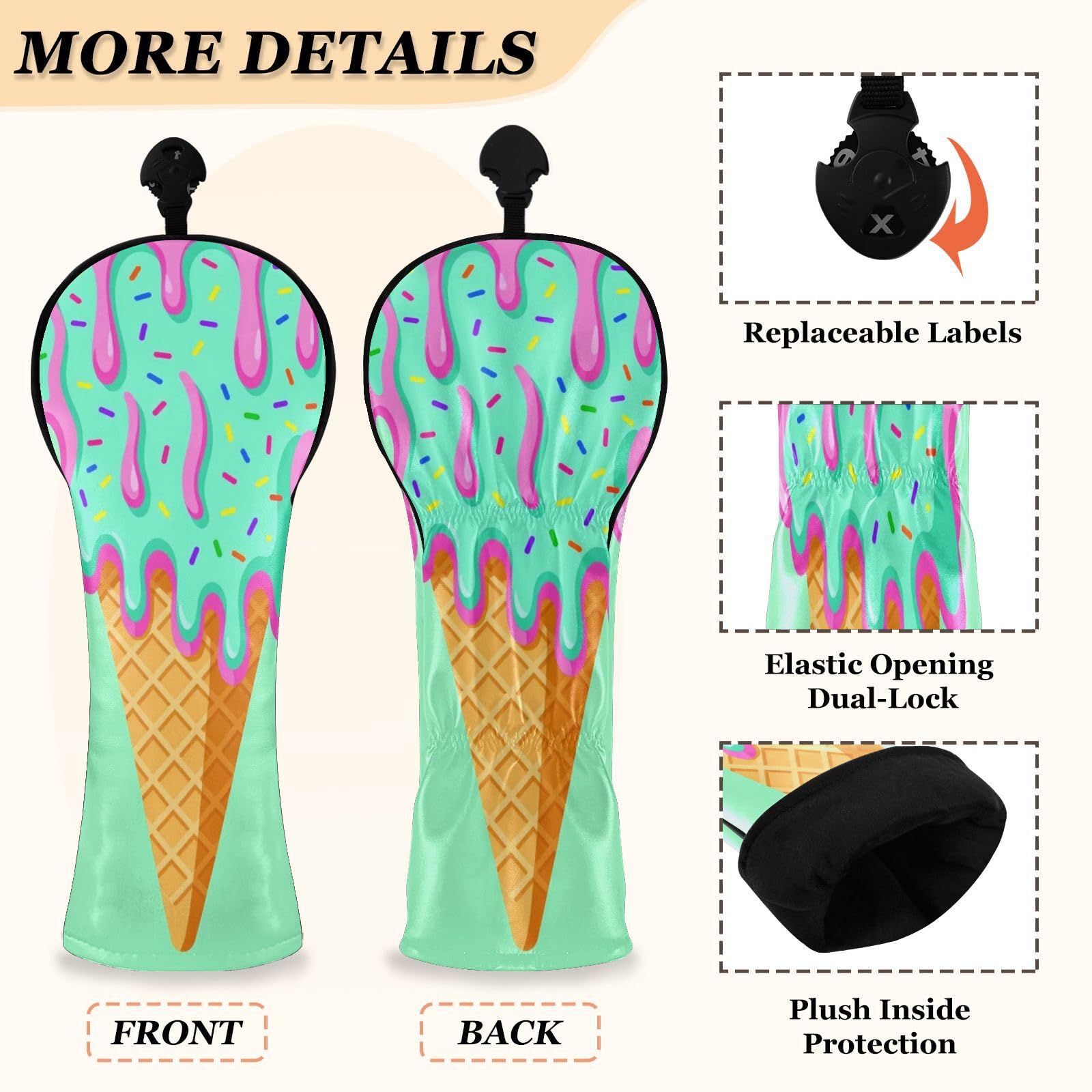 Golfschläger-Abdeckungs-Set, Sommer-Eiscreme, PU-Leder, mit Nummernschildern, Golf-Geschenke für Männer