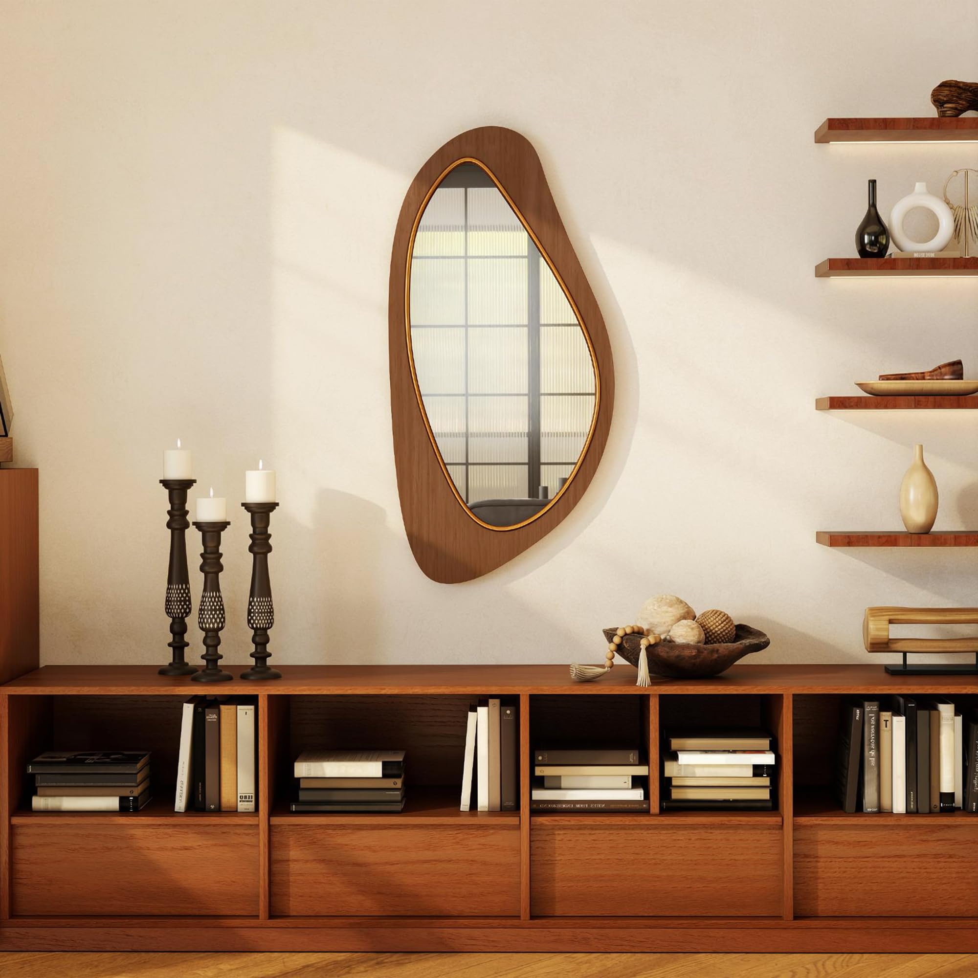 HOMCOM Miroir Mural asymétrique 91,5 x 45 cm Suspendu Effet Bois Naturel | Moderne, Cadre en Bois, pour Chambre, Salon, Dressing, Entrée