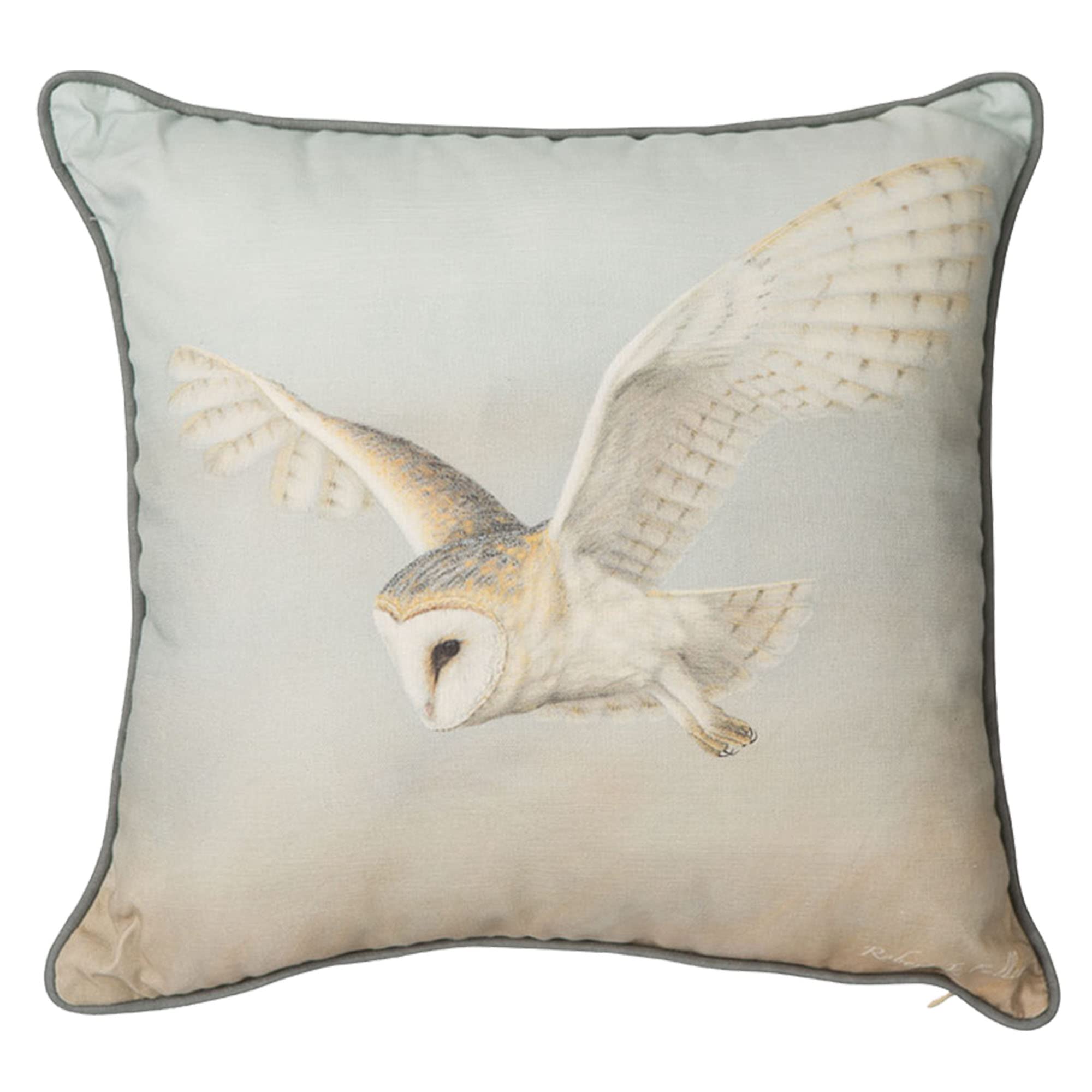 Robert E Fuller Barn Owl Cushion Cover with Hollow Fibre Cushion Pad – Anti-Allergy, Luxury Cotton Linen Mix, 45cm x 43cm, Wildlife Gift