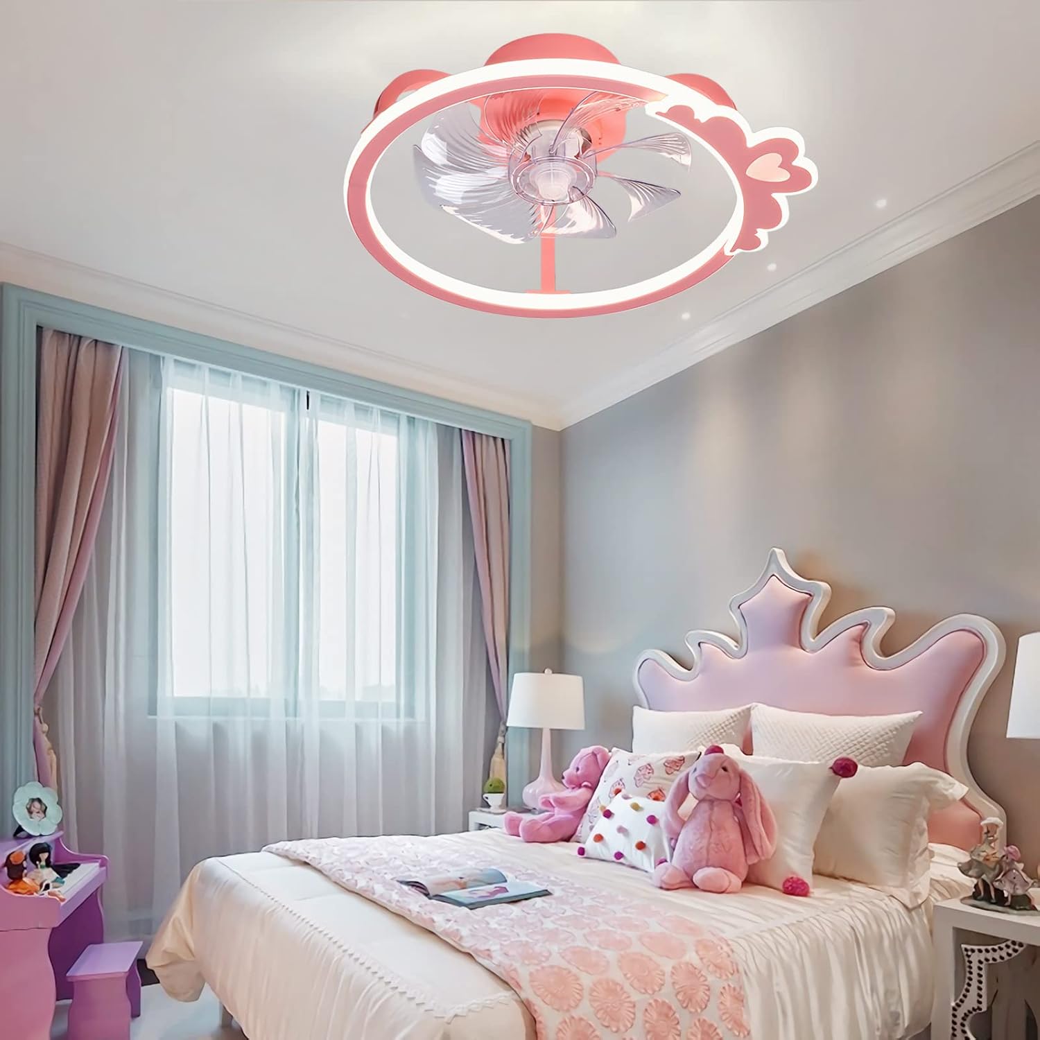 YUEGOO Ceiling Fans with Lamps,Ceiling Fan Light with Remote Control Silent 3 Colors Dimmable Ceiling Fan with Led Lamp Dc Reversible 6 Speed Winter Summer Mode Designer Chandelier/Pink/D