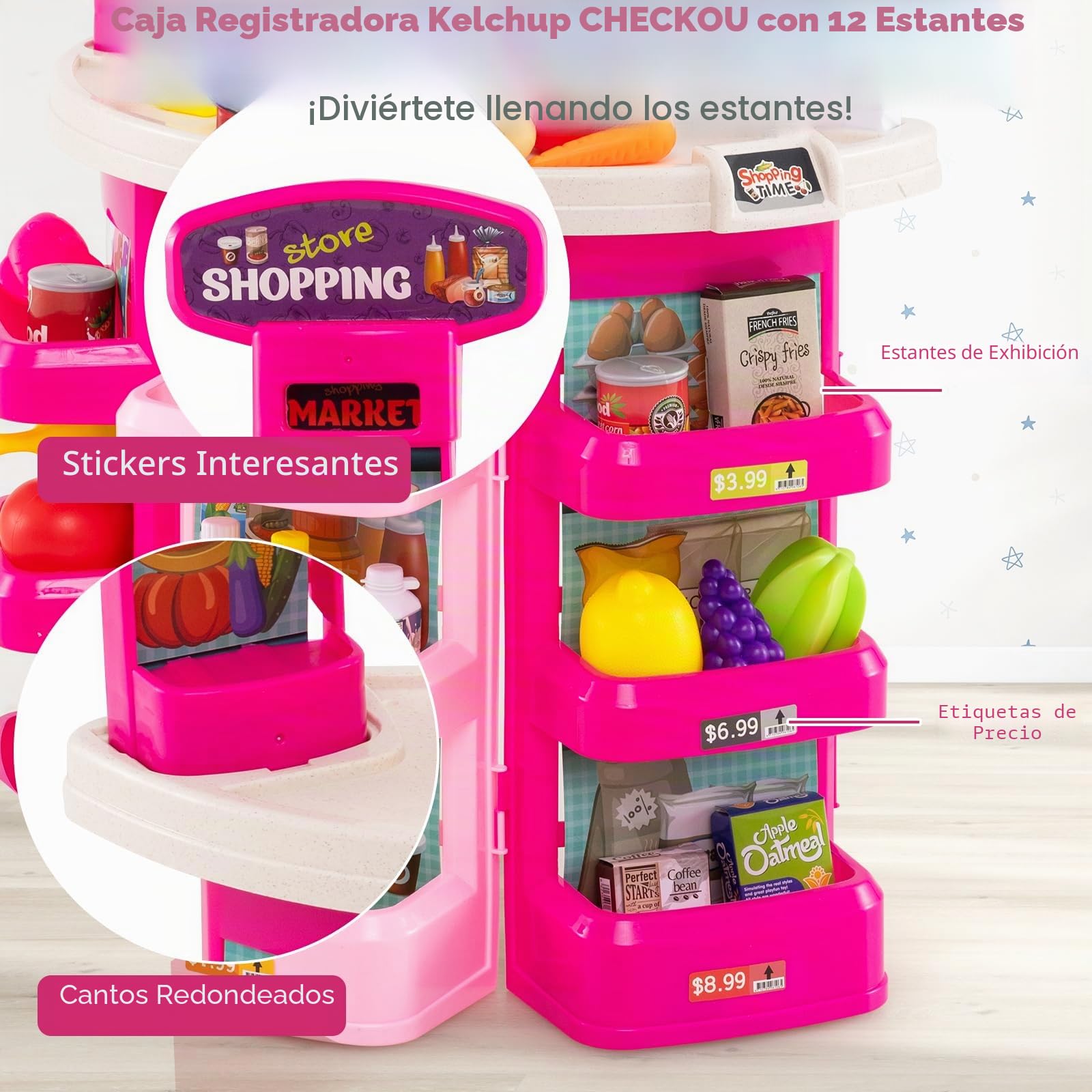 HOMASIS Juego de Supermercado con Luz, Sonido y 29 Accesorios, Tienda de Comerciantes con Caja Registradora, Carrito de Compras, Báscula y Escáner, para Niños de 3+ Años (Rosa)