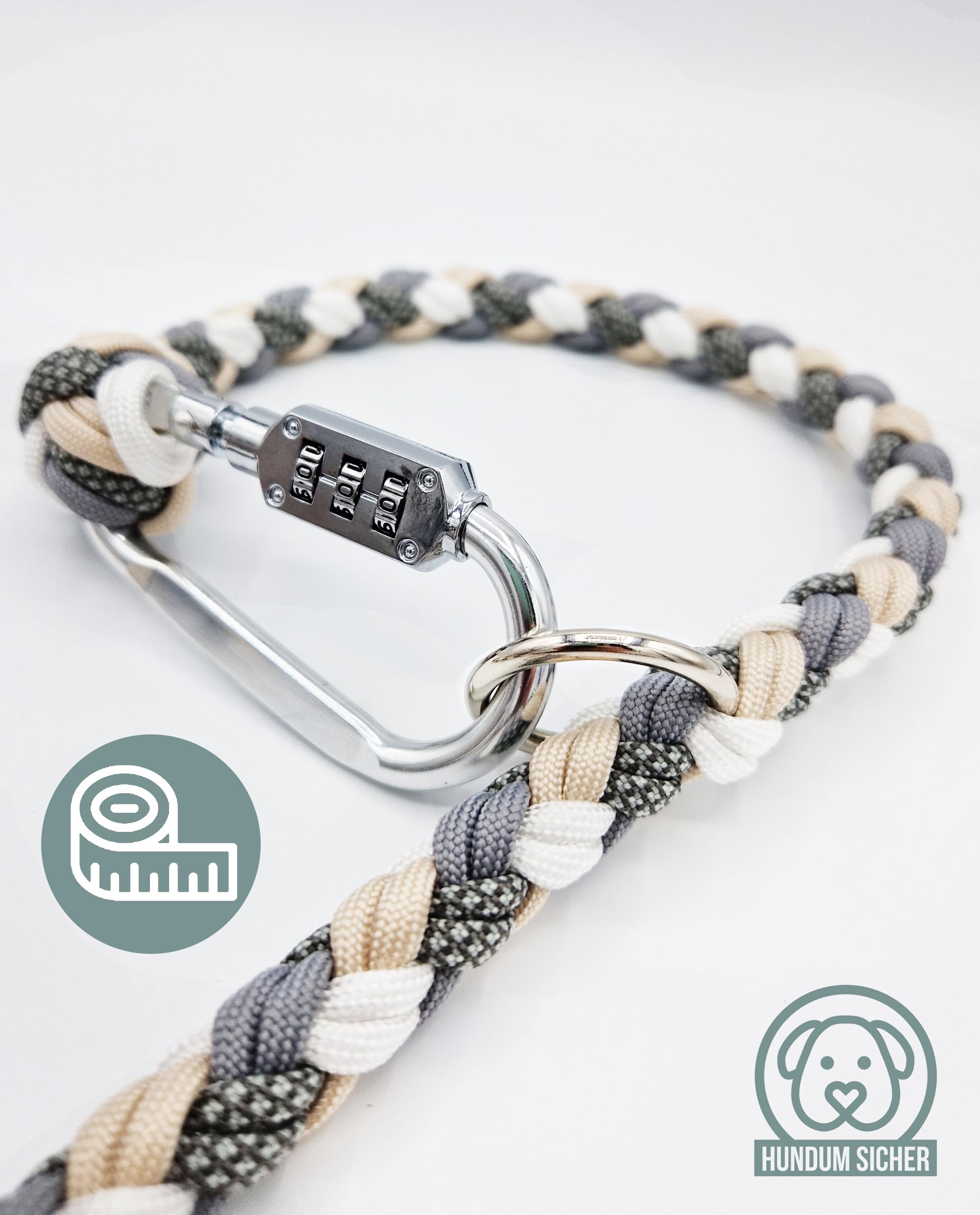 Diebstahlschutz-Hundeleine und Halsband Set, Abschließbar mit Schloss, Mehrfach verstellbar, Geflochten aus Paracord, Beige & Grau & Weiß (M (Leine: 180cm))