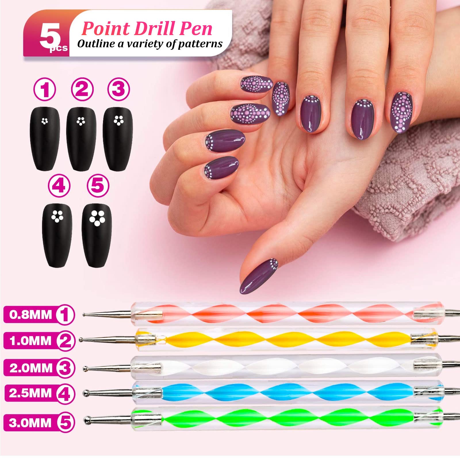 JOYBOY Kit de Nail Art Pinceau,Nail Art Design Set avec 15 Peinture Brosse à Pinceaux,2 Boîtes Ongles Strass et 1 Boîte de Papier D'aluminium,Ensemble de Pinceaux à Ongles 107pcs Nail Art Kits
